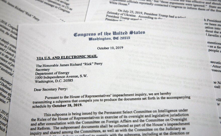 The subpoena from the House Intelligence Committee to Perry. House Democrats have subpoenaed the energy secretary as part of their impeachment inquiry into President Trump's dealings with Ukraine.