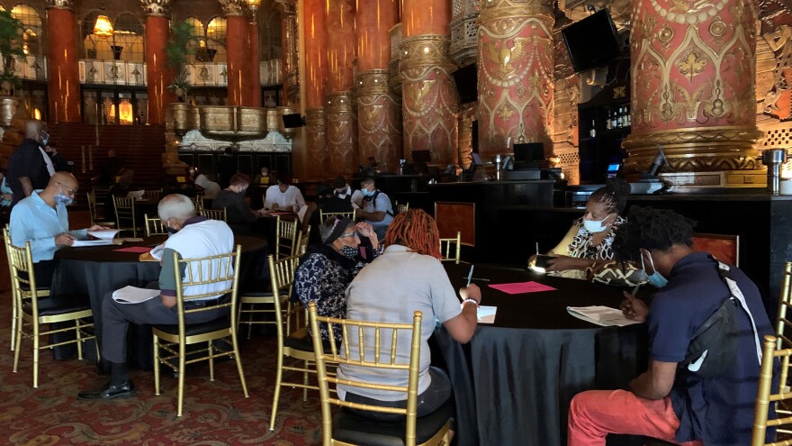  Job seekers filled the lobby of the Fabulous Fox Theatre Wednesday morning. The venue is gearing up for its return to a heavy schedule of live performances. It will have a busy weekend as co-host of the Music At The Intersection Festival. [09/1-/21]