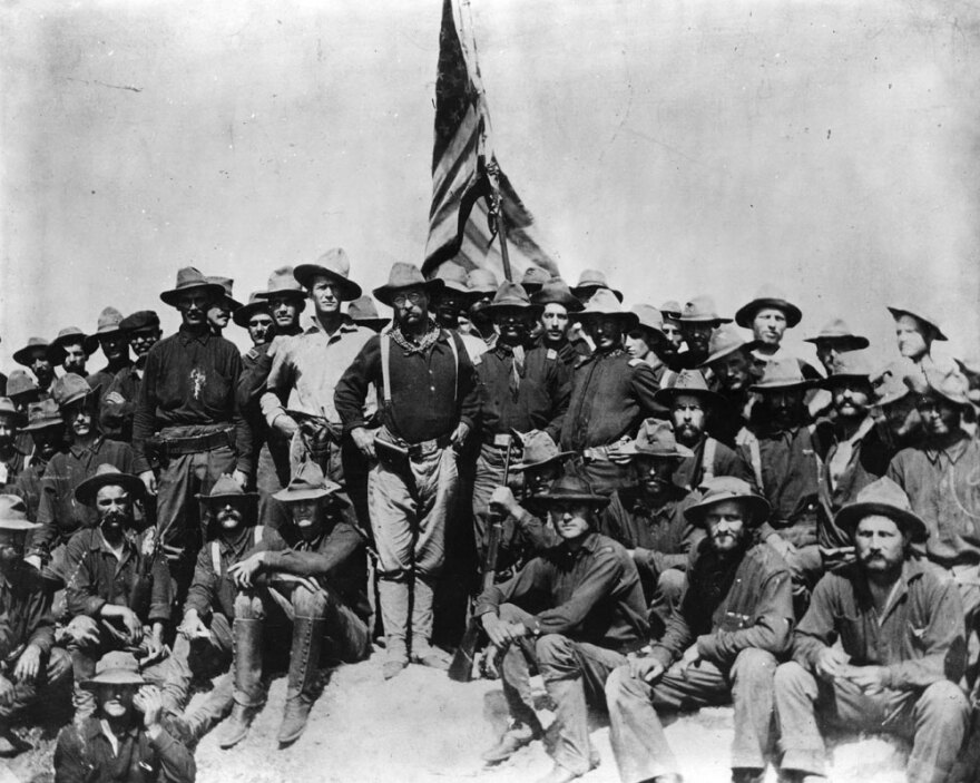 Before he became the 26th president, Theodore Roosevelt (center) led the men of the 1st Cavalry Volunteers, known as the "Rough Riders," on San Juan Hill during the Spanish-American War in 1898.