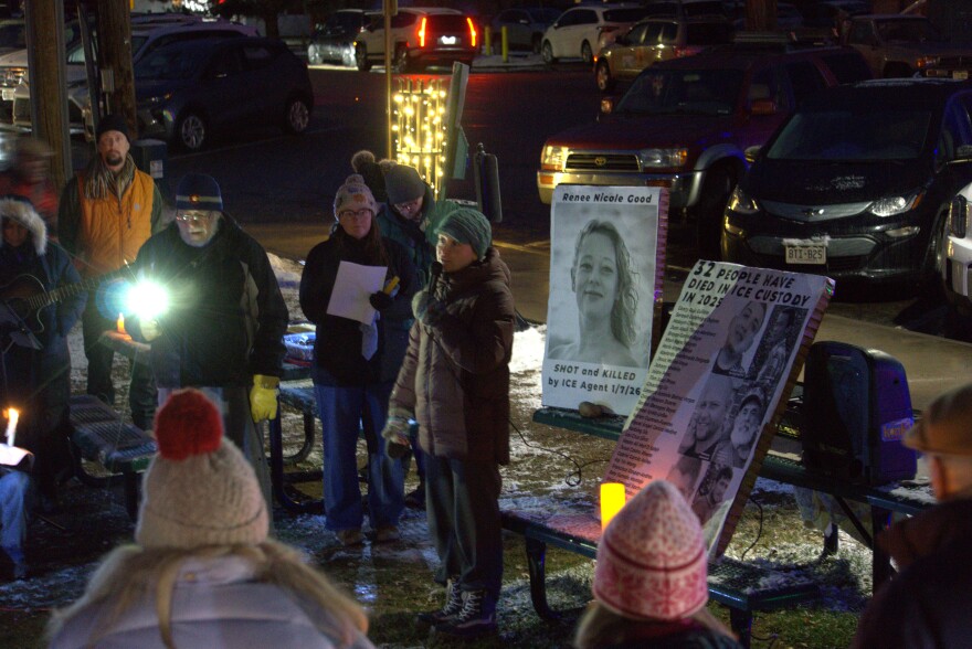 A volunteer with the nonprofit Mountain Action Indivisible speaks at a vigil in Carbondale on Jan. 10 honoring Renee Nicole Macklin Good, the 37-year-old mother fatally shot by an immigration agent in Minneapolis.