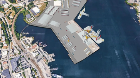 A rendering of the State Pier facility in New London after infrastructure improvements in the approved plan. The pier will be an offshore wind hub.