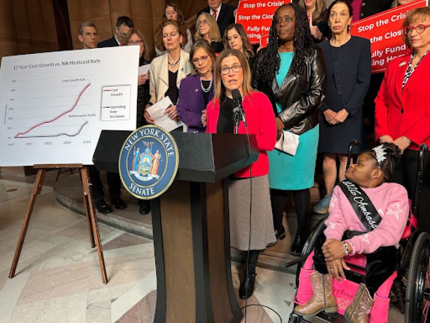 LeadingAge New York’s Sebrina Barrett at a rally at the State Capitol in Albanyl.