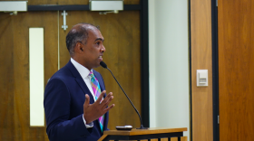 Matchbook Learning CEO Sajan George presents his school restart plan to the Indianapolis Public Schools Board on Jan. 25, 2018 at the John Morton Center.