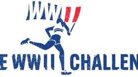 Image of the World War 2 challege logo, Man running with a flag saying WWII