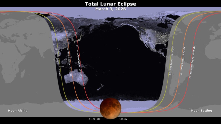 A map shows where the March 3, 2026, lunar eclipse is visible. Contours mark the edge of the visibility region at eclipse contact times.