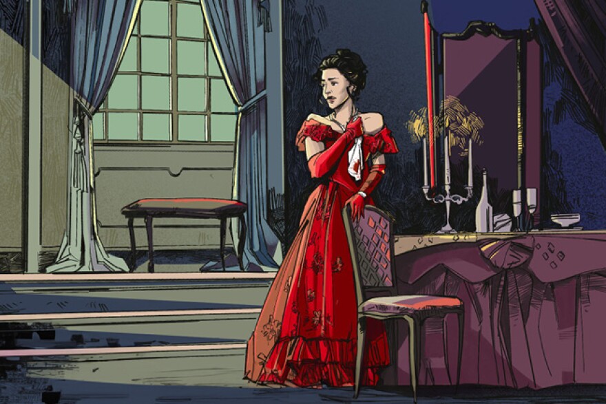 A woman in a red dress looking out a window in a candle lit room