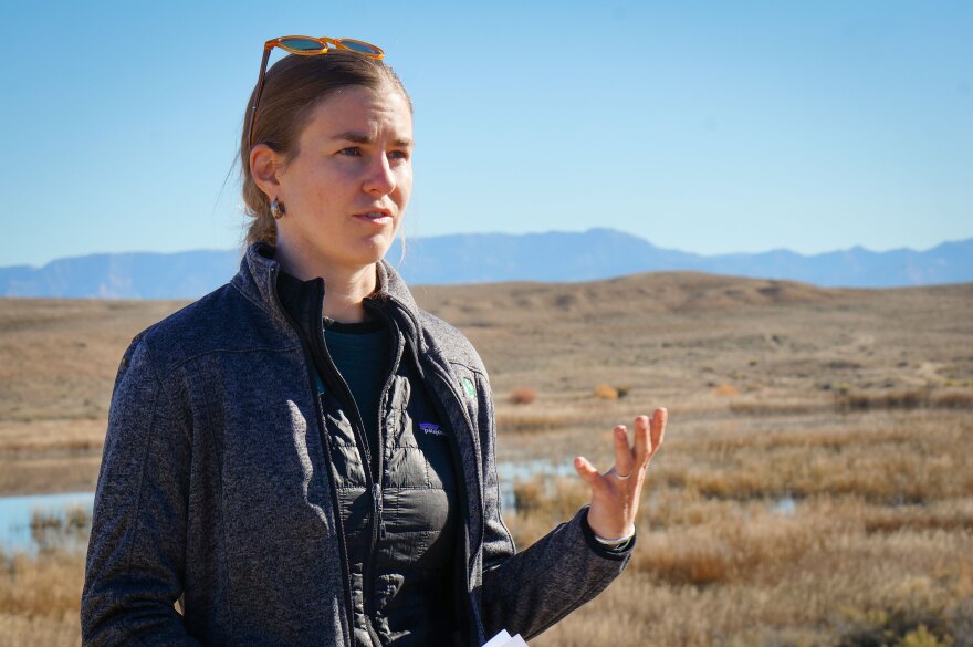 The Nature Conservancy’s Ellie Oakley stands next to the site of the proposed Olsen Reservoir in Carbon County, Oct. 29, 2025.