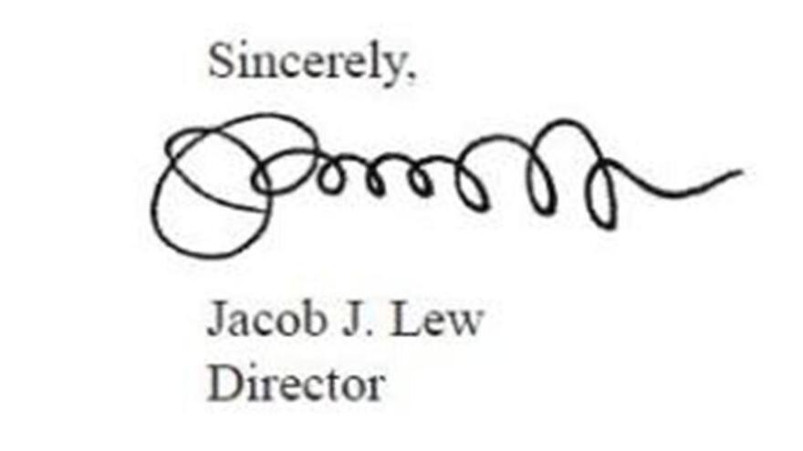 Jacob "Jack" Lew's signature, on the 2012 "Mid-Session Review" of the federal budget. He was director of the Office of Management and Budget at the time.