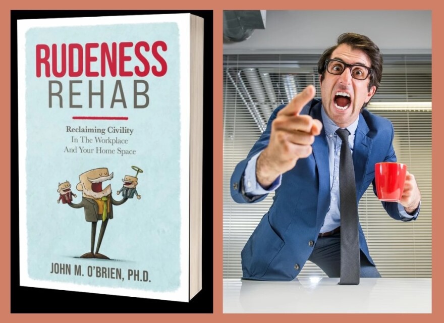 Book cover of Rudeness Rehab with cartoon figure; man pointing angrily at someone with mouth open