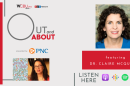The image features a photo of Bradley University’s Dr. Claire McQuerry and poet Adrienne Su. The image also features the quote of “Poet Adrienne Su at Bradley” as well as icons for PNC Bank and various podcast platforms. 