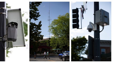 From left, security cameras are hung outside of the VA medical center in White River Junction, Vt., on top of Hanover Town Hall and on the green in Hanover, N.H. All three have been reported on DeFlock, a crowdsourced map dedicated to tracking automated license plate readers. (Valley News photo)