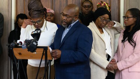 Linda Gray, partner of Everard Walker, the man who was shot and killed by a Hartford police officer inside his Capitol Avenue apartment, and several family members spoke out about the incident, and their next steps at the Hartford Town Hall in Hartford, Connecticut on February 23, 2026.