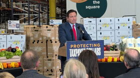 Florida Gov. Ron DeSantis speaking at Feeding Tampa Bay’s headquarters in Tampa on Aug. 24, 2026.