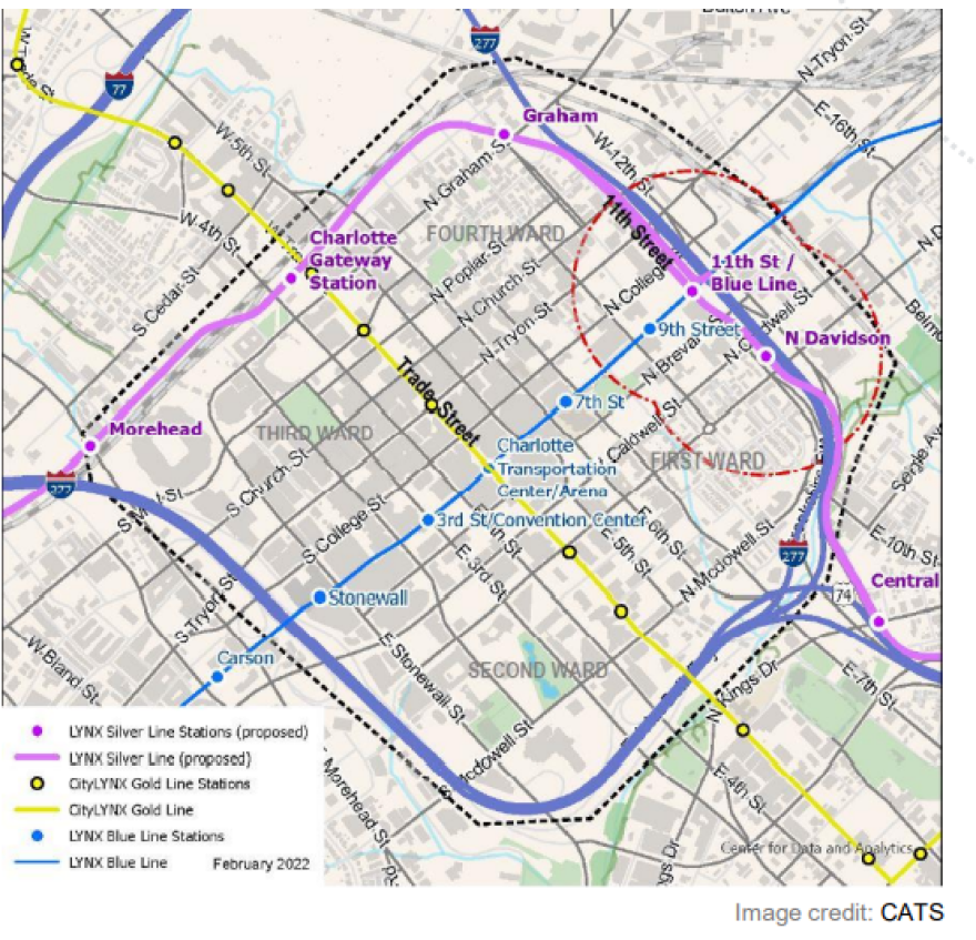 The Charlotte Area Transit System wants the Silver Line (drawn in purple) to avoid most of center city.