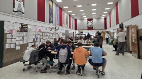The Nevis Public School cafeteria is a busy place during the staggered lunch times between 11 a.m. and 1 p.m. school days. When not in use, a section of the cafeteria is used as a makeshift classroom.