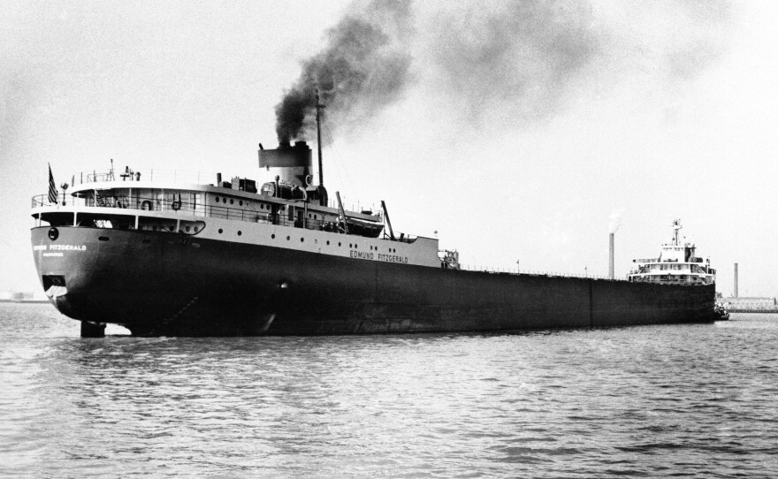 FILE - The Fitzgerald in a 1959 file photo, with a crew of 28 to 30 men, was carrying a load of 26,216 tons of taconite pellets.