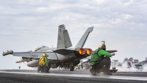 An E/A-18G Growler, attached to the "Zappers" of Electronic Attack Squadron (VAQ) 130, launches off of the flight deck of USS Dwight D. Eisenhower in the Red Sea.