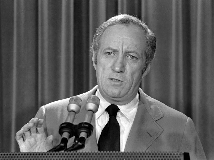 Leonard Garment, acting White House Counsel, briefs the media at the White House on President Nixon's statement about the Watergate affair in 1973.