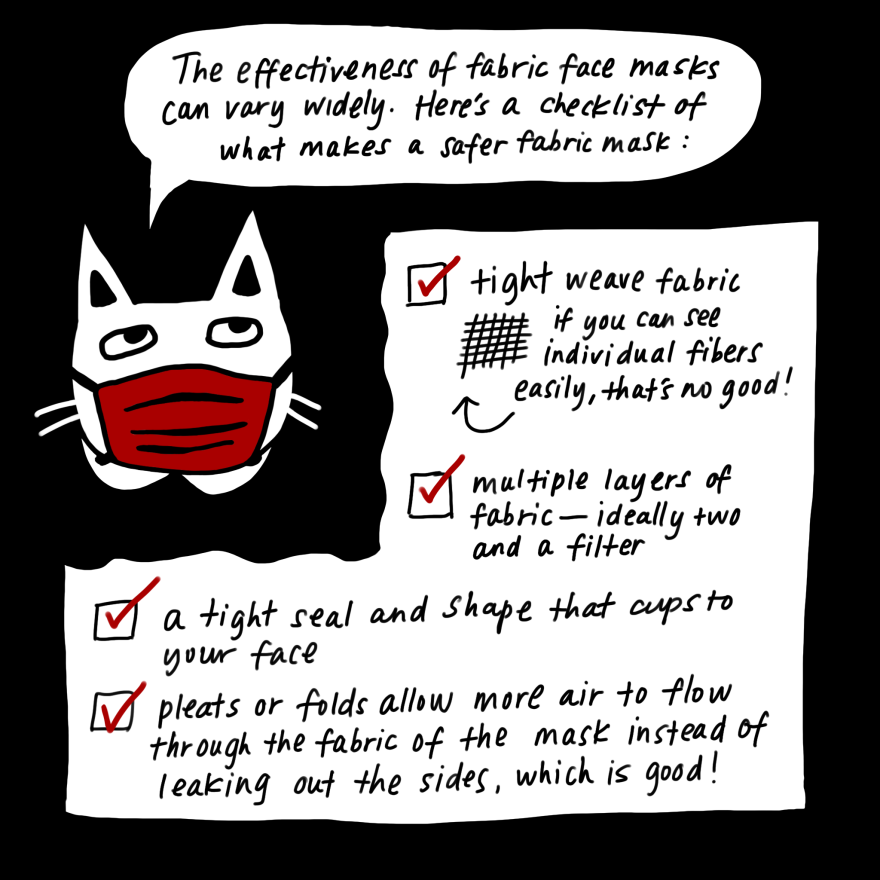 Some criteria that make a safer fabric mask: tight weave fabric; multiple layers of fabric (ideally two layers and a filter); a tight seal and shape that cups to your face; and pleats or folds.