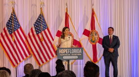 First Lady Casey DeSantis and Gov Ron DeSantis at a May 20, 2025, Hope Florida press conference in Tampa.