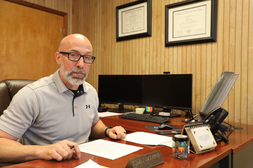 Fort Davis ISD Superintendent Jason Crow in his office in July 2026.