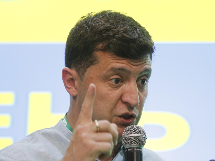 Ukrainian President Volodymyr Zelenskiy speaks at the "Servant of the People" political party's headquarters after the parliamentary elections in Kiev, Ukraine, on Sunday.