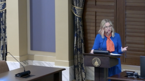 Laynie Gottsch speaks to lawmakers at the Oklahoma State Capitol on Tuesday, September 29. Gottsch is a foster parent and a mentor for the Foster Care and Adoptive Association of Oklahoma.