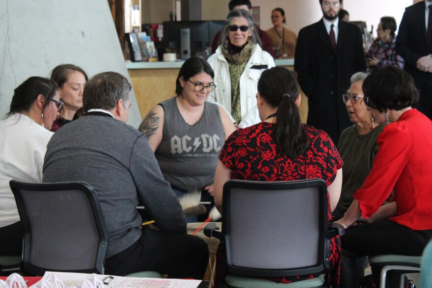 The Heartbeat of Mother Earth Drum group performs at the Dena'ina Wellness Center on Tuesday, May 5, 2026 in Kenai, Alaska.