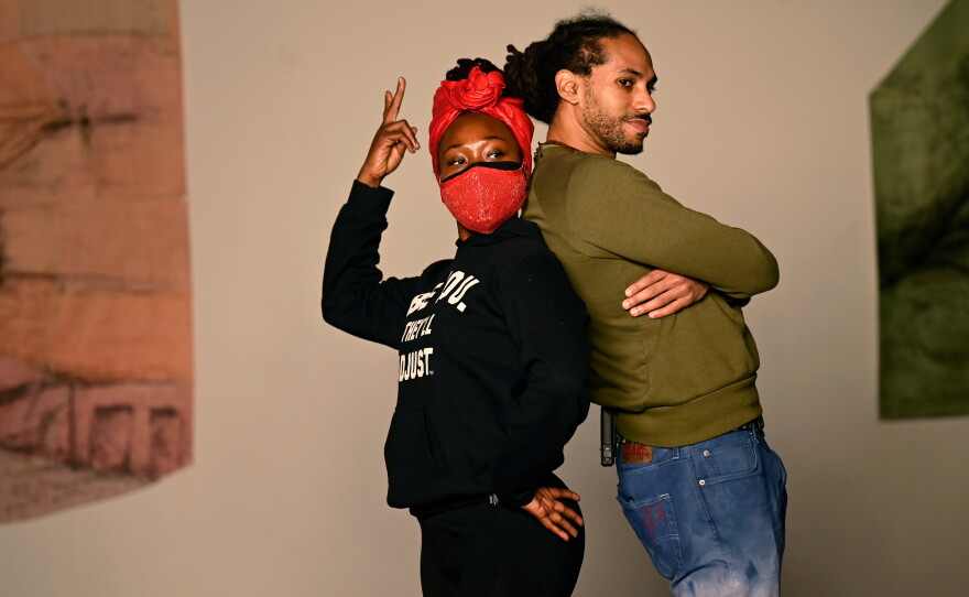 Connecticut Public crew films (l-r) Lael Marie Saez, Royael, a Flow Artist and Khaiim Kelly, City Troubadour for Cutline: Hope, Heroes, and Feats of Humanity on Nov. 12, 2021 at Real Art Ways in Hartford.
