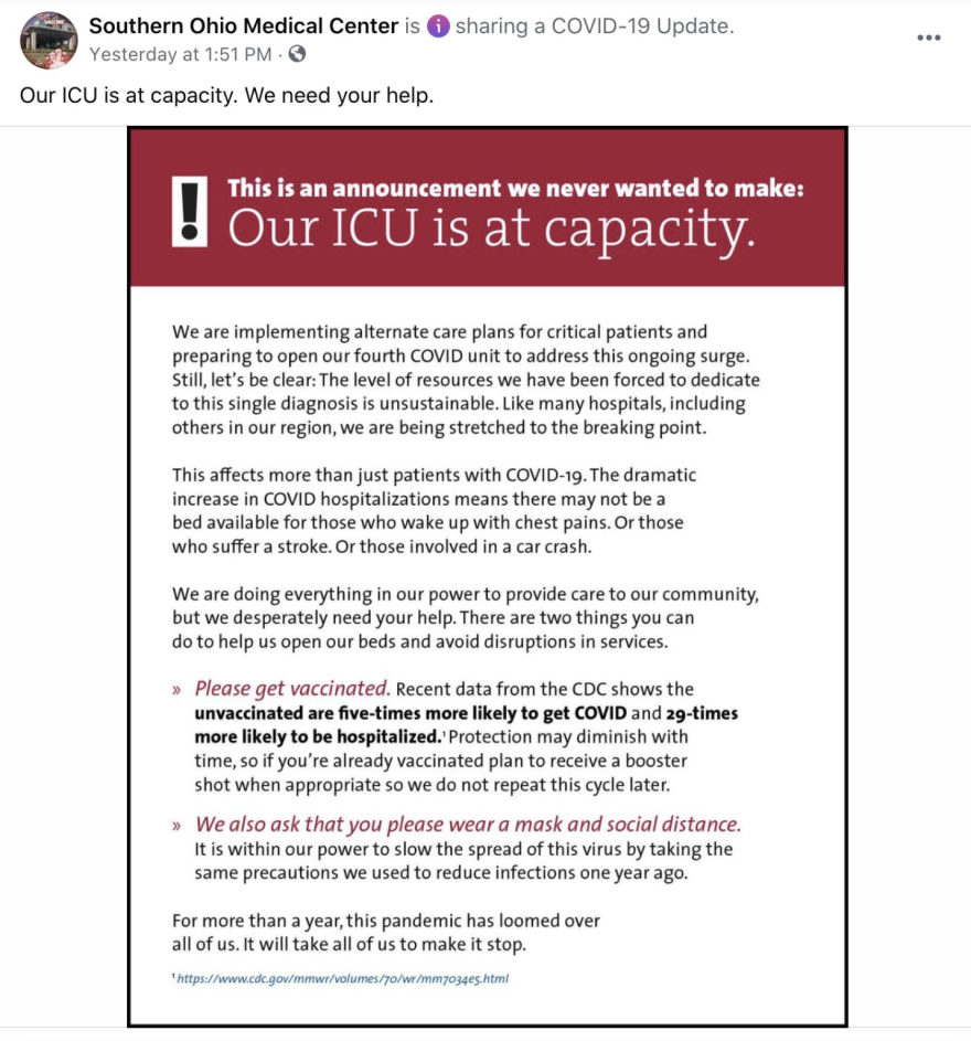 Southern Ohio Medical Center's posting on Facebook