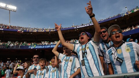 Argentina fans make some noise ahead of the Argentina vs. Algeria World Cup match at Arrowhead Stadium on June 16, 2026.