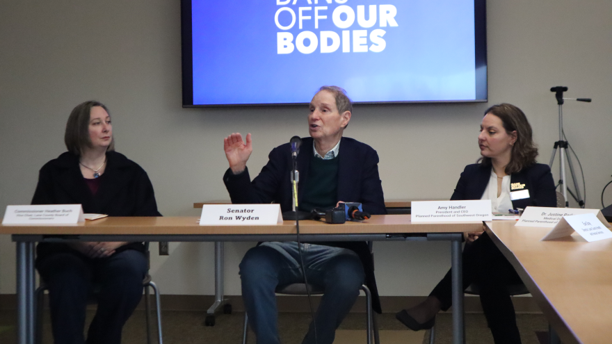 Heather Buch, Ron Wyden and Amy Handler sit at a table during a roundtable discussion.