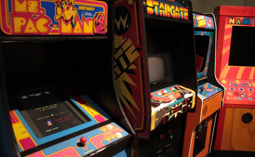 Fully playable arcade games at the Toytopia exhibition at the Peoria River Front Museum. Mrs. Pacman, Stargate. 