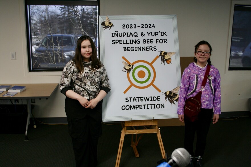 Inupiaq Spelling Bee winners, Aġnauraq Jaeleen Holder-Champion (Right) and runner-up, Uluġina Annabeth Huntington (Left). They attend the Kéet Gooshi Héet Elementary School in Sitka.