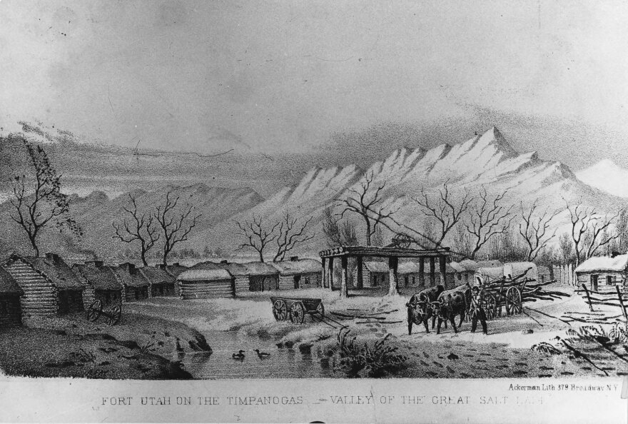 A winter sketch entitled "Fort Utah on the Timpanogos Valley of the Great Salt Lake" as it appeared in 1850. Made by Ackerman Lithograph Co. from Stansbury's Exploration of the Valley of the Great Salt Lake of Utah.