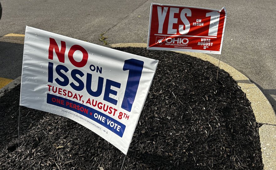 Signs for and against Ohio Issue 1 in the August 8, 2023 special election