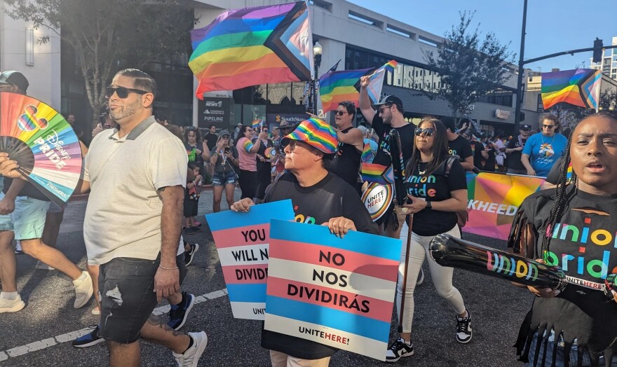 Participants in the 2025 Come Out with Pride parade in Orlando. Florida SB 1134 will prevent local governments from providing public funds to such events.