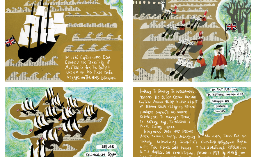 Collage art is shown in four quadrants detailing the Genocide of the Aboriginal Australians and Torres Strait Islander Peoples
