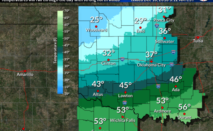 By 7 a.m. a cold front is expected to be well south of I-40. Temperatures will be falling into the 20s and 30s behind the front, with 50s ahead of the front across southern Oklahoma and western north Texas.