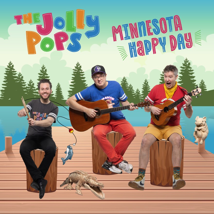 Three men with instruments against an illustrated background of a dock, lake, and trees