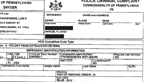 Pennsylvania police criminal complaint of Edwin Dean's arrest in 2021. (Photo: IPR News)