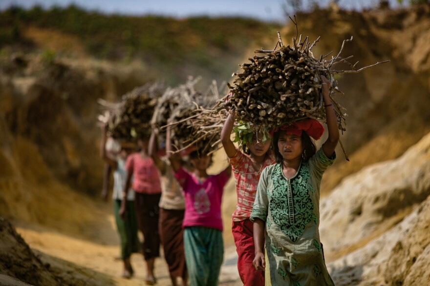 Children carrying firewood into the Kutupalong camp. Refugees have stripped almost all the area vegetation to use in cooking fires.