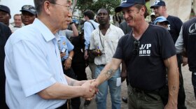In this image provided by the United Nations Stabilization Mission in Haiti, U.N. Secretary-General Ban Ki-moon greets Sean Penn as he visits a tent camp at the Petionville Club golf course in Port-au-Prince, Haiti, on March 14.