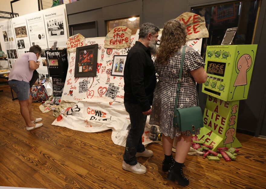 Guests check out a couple of Free Narcan vending machines on display at "For the Artists" Opening Reception to spotlight the creative artistic designs. Conscience Conduit and LIVEGY presented "Art of the Machine", a 3-part series aimed to blend art, community and harm-reduction initiatives to tackle the opiod crisis. The presentation focused on spotlighting the artists involved in designing their creations for Narcan vending machines which will be distributed in designated locations throughout the area. The event was held at the Deep Ellum Community Center in Dallas on February 27, 2025.