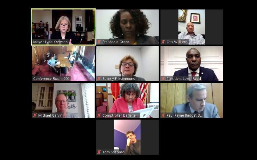 Members of the Board of Estimate and Apportionment listen as Mayor Lyda Krewson, top left, speaks during a virtual meeting shown in this screenshot from Wednesday.