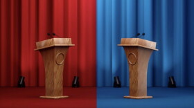illustration showing two podiums with microphones facing each other, the one on the left is on a red stage with red curtains, on the right is a blue state and blue curtains 