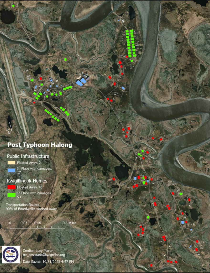 This map, created by Lucy Martin following ex-typhoon Halong, documents homes and infrastructure that floated away, were damaged, or remained in place. It serves as a record of the storm’s impacts on the community and supports future planning efforts.