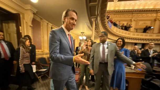 Gov. Glenn Youngkin enters the House of Delegates chamber to deliver his final State of the Commonwealth address.