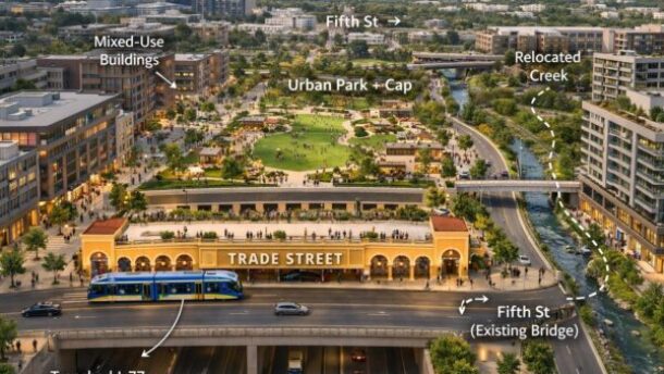 AI-generated vision of a capped I-77 corridor between Trade and 5th Street shared by West Charlotte community leader J’Tanya Adams.