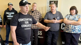 Sticker Mule CEO Anthony Constantino, a Republican, speaks to supporters at his campaign's Plattsburgh headquarters earlier this month.